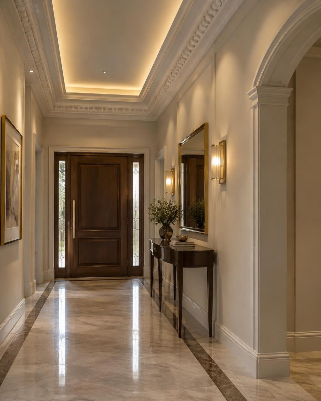 Villa entrance hallway with decorative gypsum cornices and warm indirect ceiling light