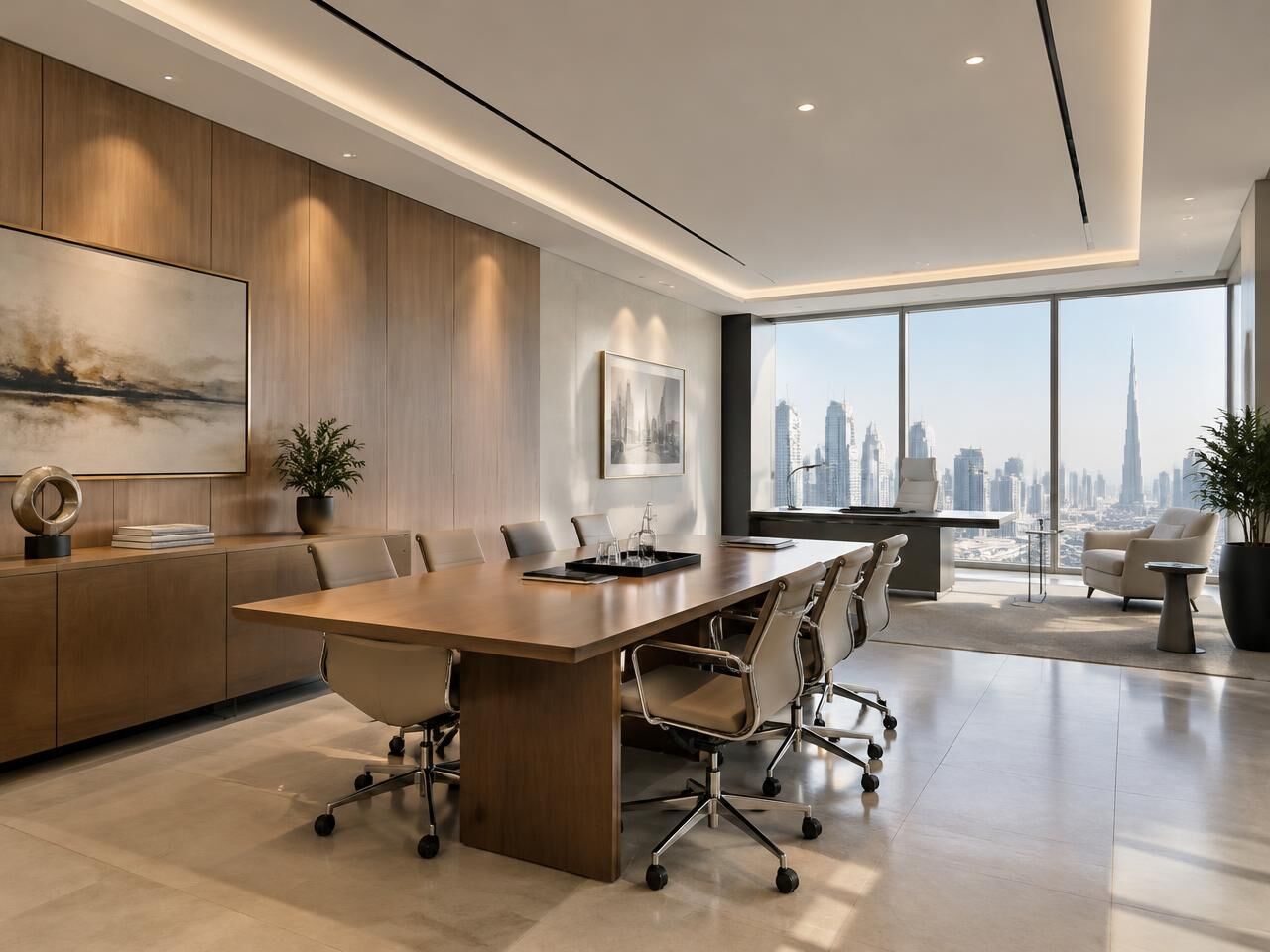 Office with linear gypsum ceiling