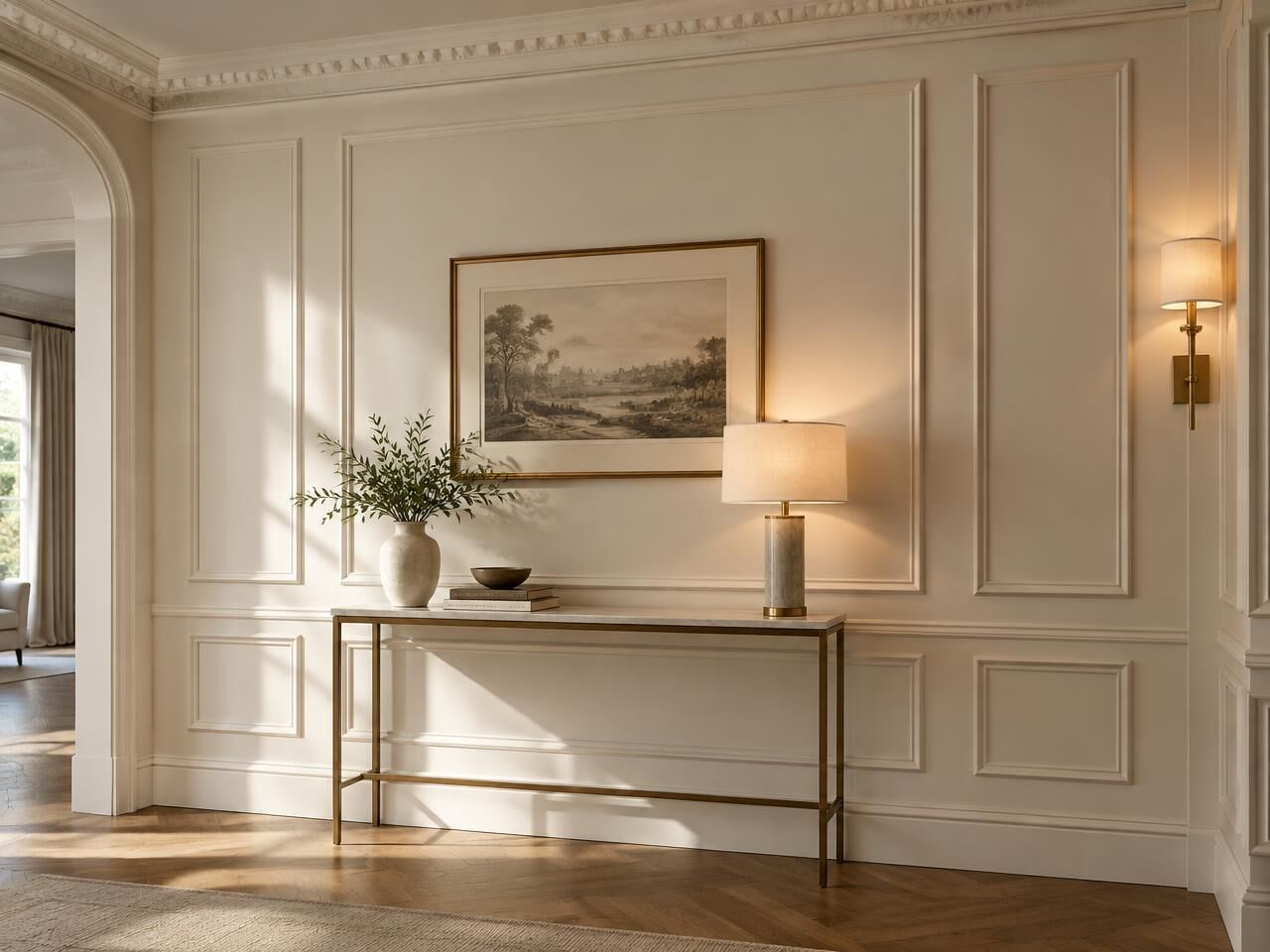 Classic wall with gypsum panel mouldings and a crown cornice
